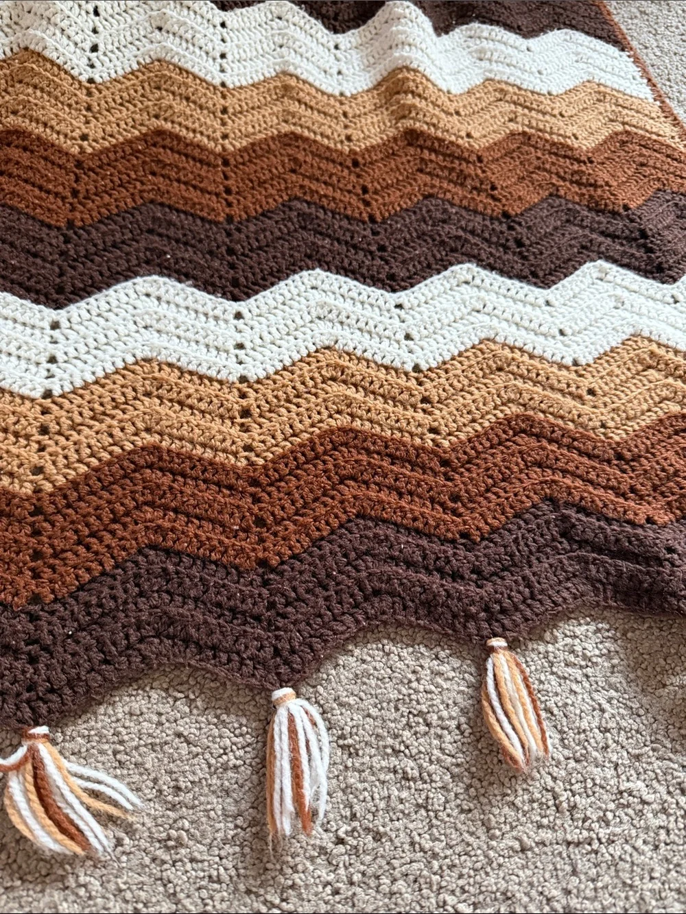 Hand Crafted Brown, Tan & White Chevron Crochet Throw Blanket